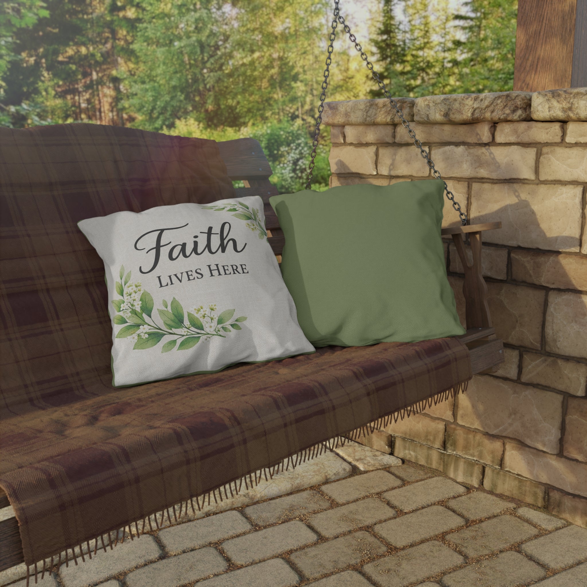 Faith Lives Here™ Outdoor Pillow | Christian Porch Decor
