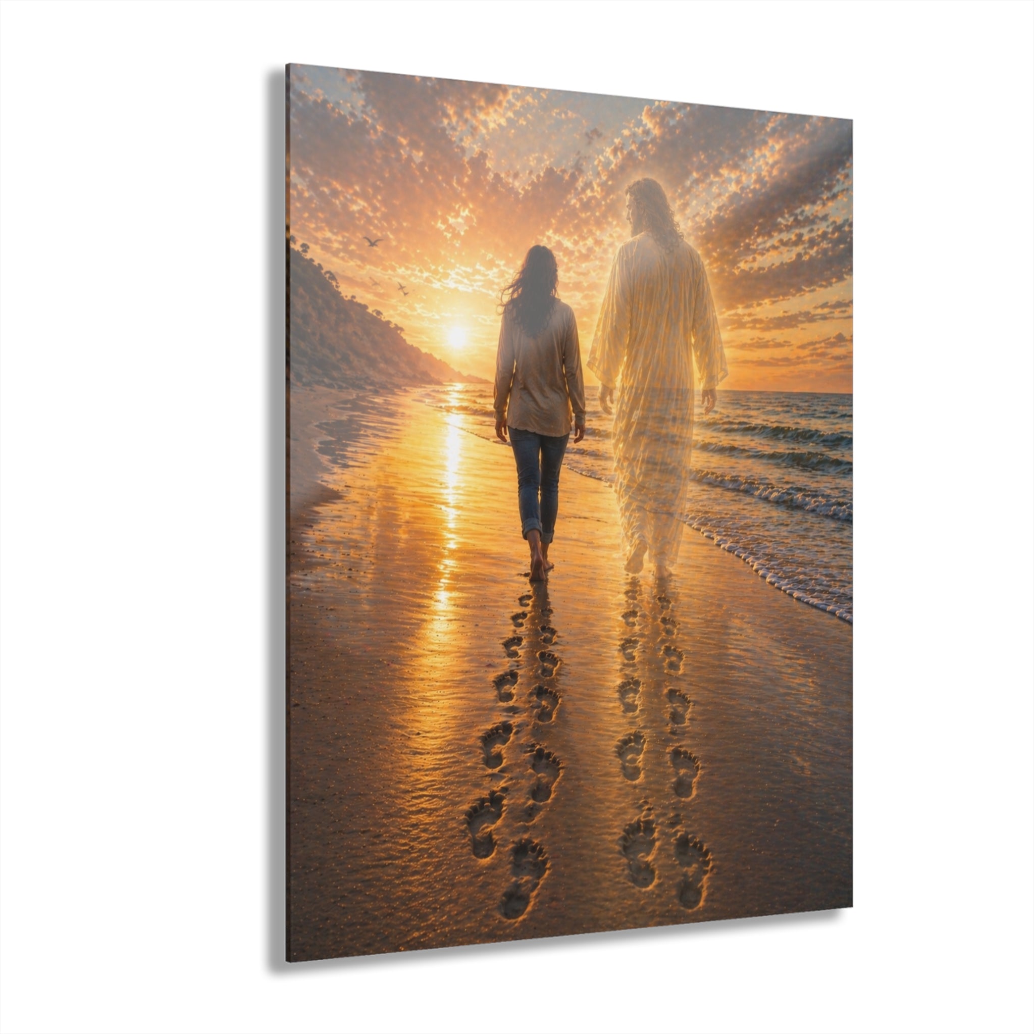 Never Walking Alone™ Acrylic Wall Art | Spiritual Coastal Sunset Beach Scene