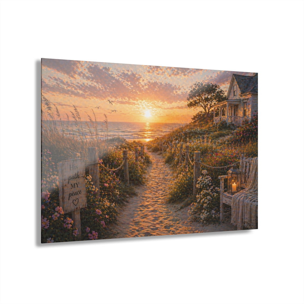 His Path, My Peace™ | Where Peace Comes Home | 30x20 Coastal Acrylic Wall Art | Faith-Inspired Coastal Wall Decor | Christian Beach Artwork | Ocean Path Wall Art