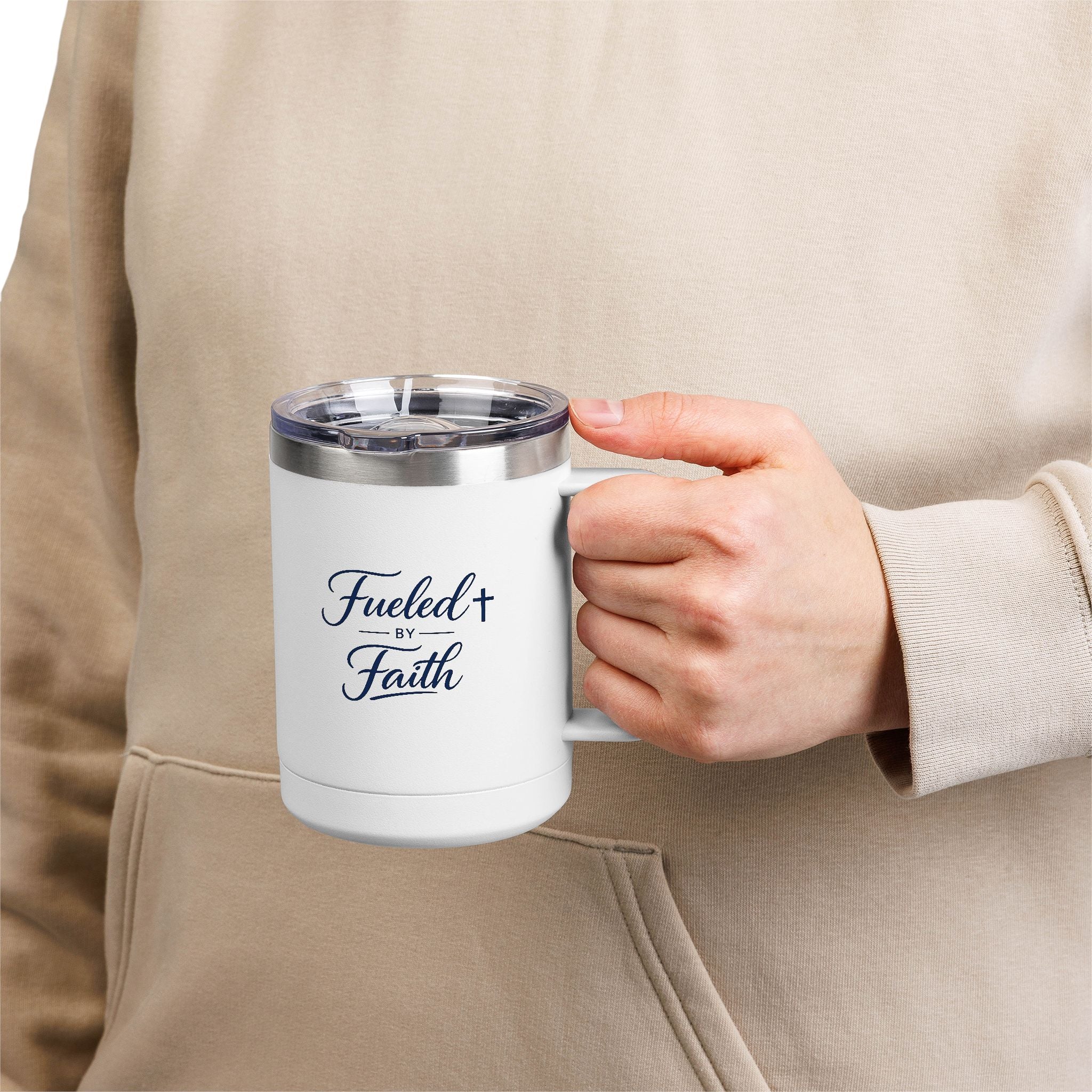 Fueled by Faith™ 15oz Insulated Coffee Tumbler with Handle & Lid | Stainless Steel Travel Mug