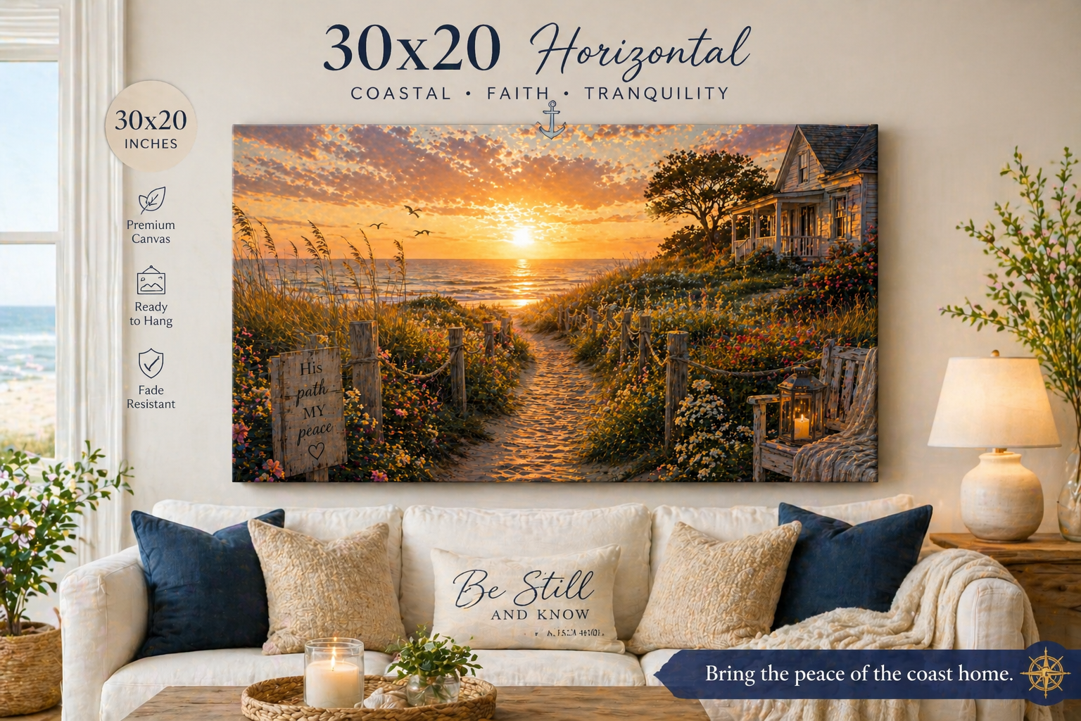 His Path, My Peace™ | Where Peace Comes Home | 30x20 Coastal Acrylic Wall Art | Faith-Inspired Coastal Wall Decor | Christian Beach Artwork | Ocean Path Wall Art