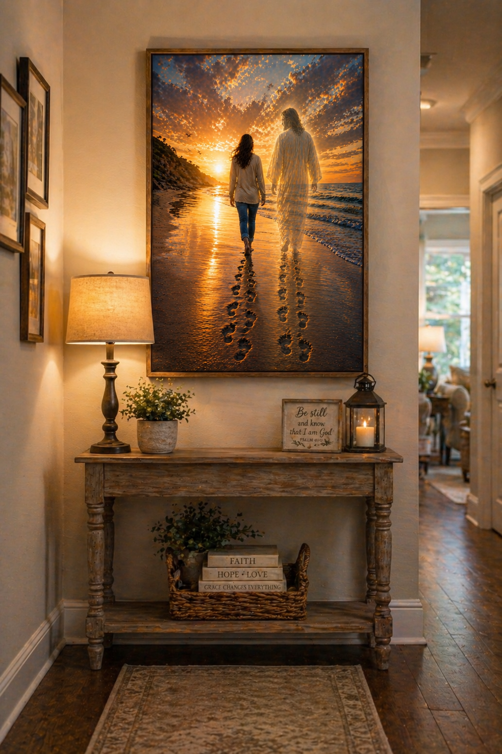 Never Walking Alone™ Acrylic Wall Art | Spiritual Coastal Sunset Beach Scene