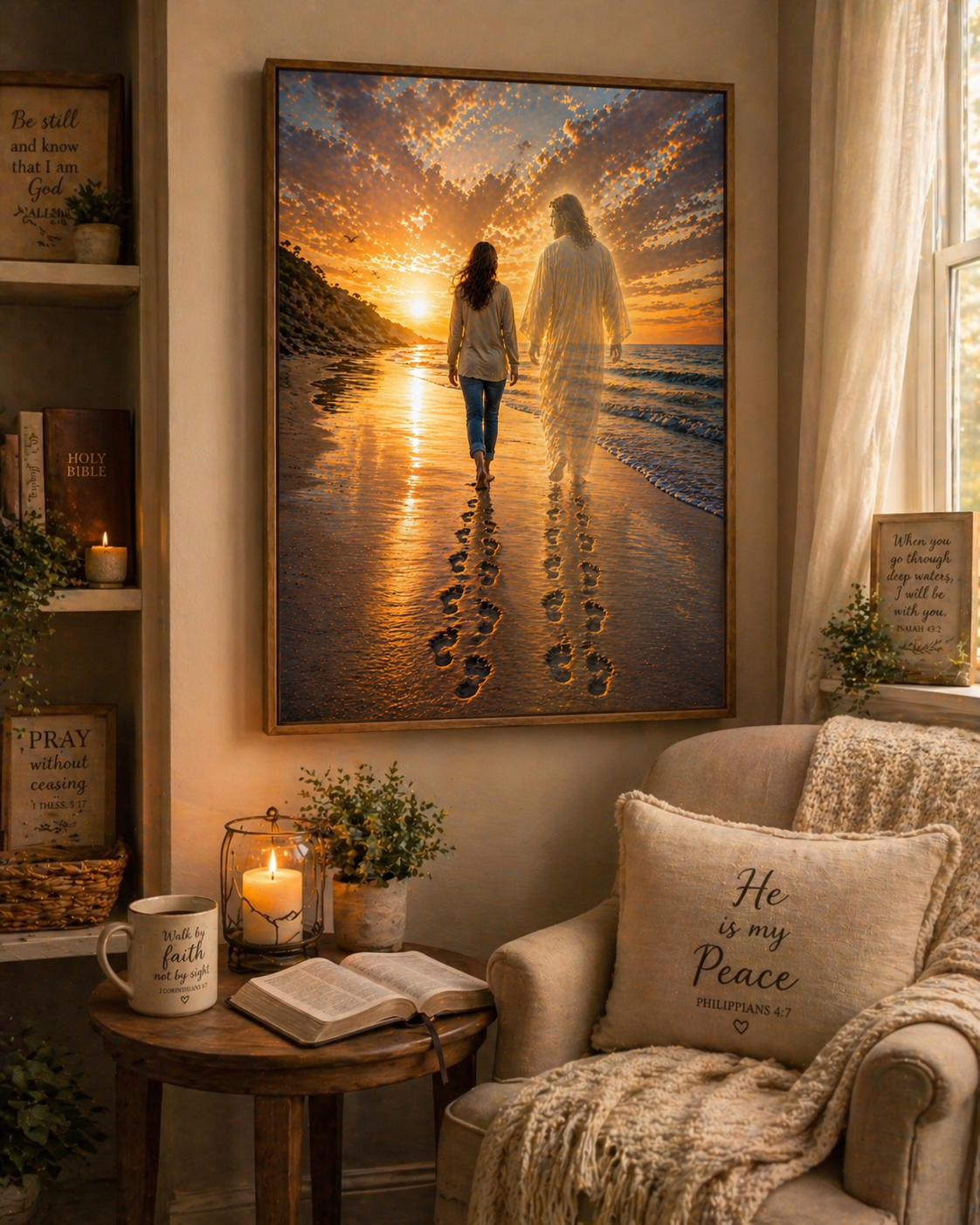 Never Walking Alone™ Acrylic Wall Art | Spiritual Coastal Sunset Beach Scene