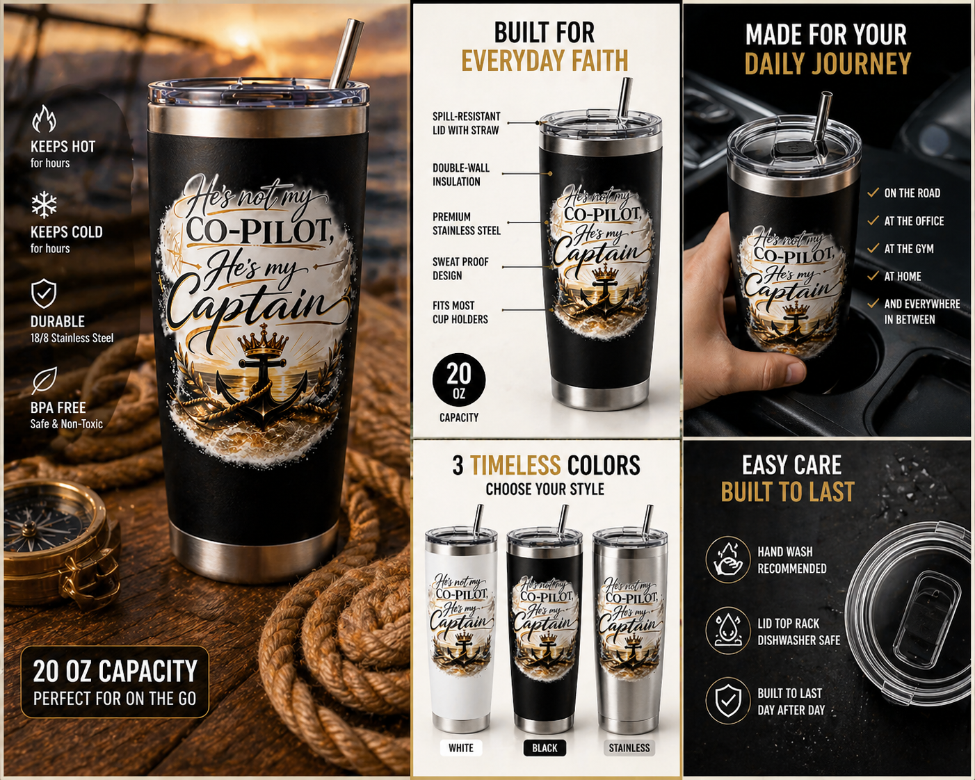 He’s Not My Co-Pilot, He’s My Captain™ 20 oz Stainless Steel Tumbler
