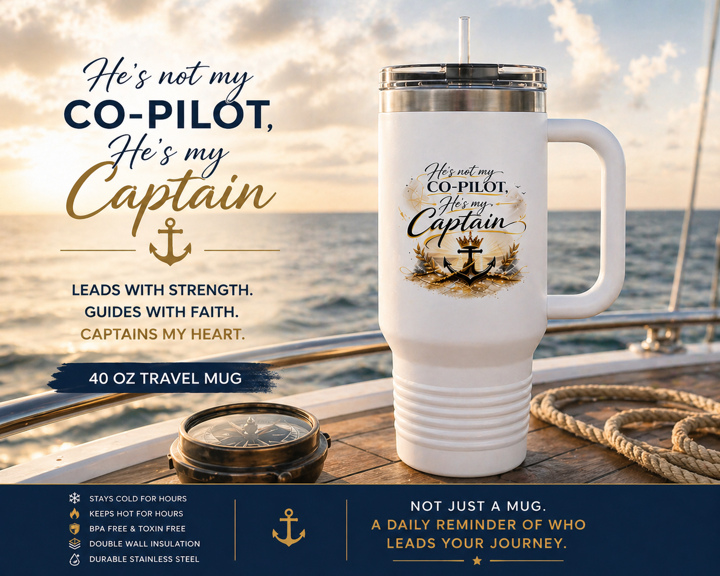 He’s Not My Co-Pilot, He’s My Captain™ 40 oz Insulated Travel Mug with Handle