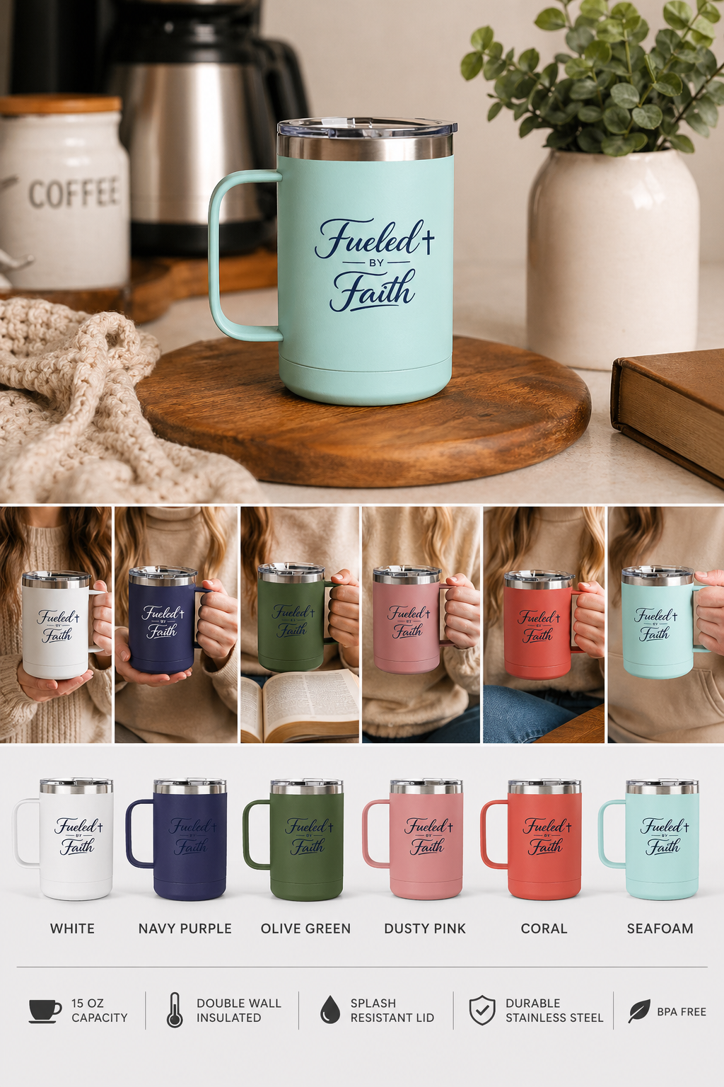 Fueled by Faith™ 15oz Insulated Coffee Tumbler with Handle & Lid | Stainless Steel Travel Mug