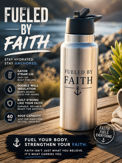 32oz Stainless Steel Tumbler – Fueled by Faith™ | Anchor Travel Bottle with Straw Lid