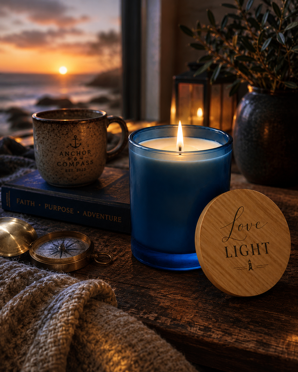 Love & Light™ Soy Candle — 14oz Pacific Blue Glass with Engraved Bamboo Lid