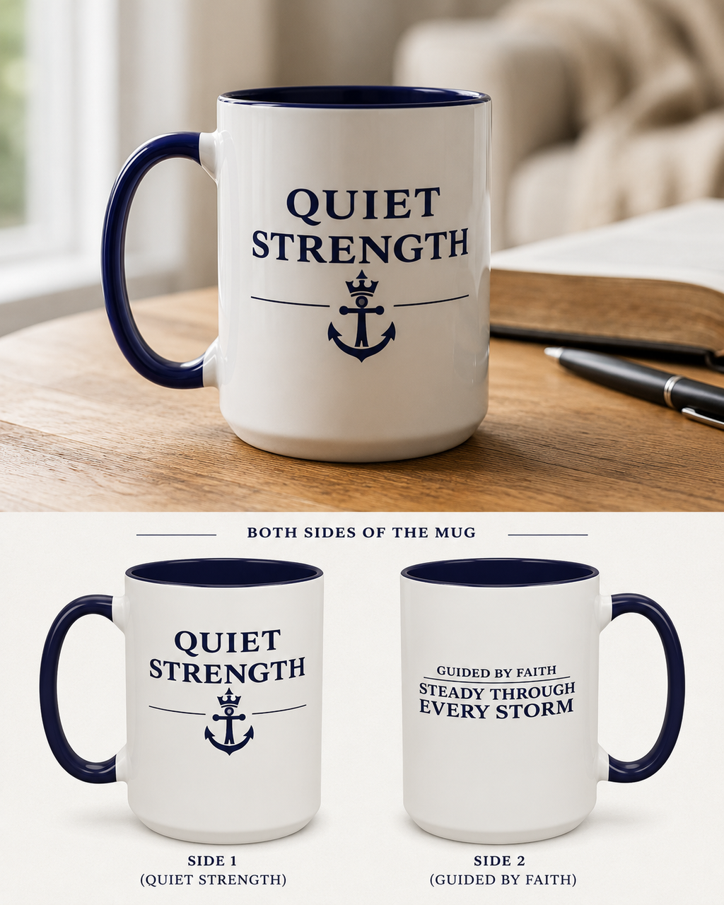 Quiet Strength™ Accent Coffee Mug | Guided by Faith, Steady Through Every Storm | 15oz Ceramic Mug
