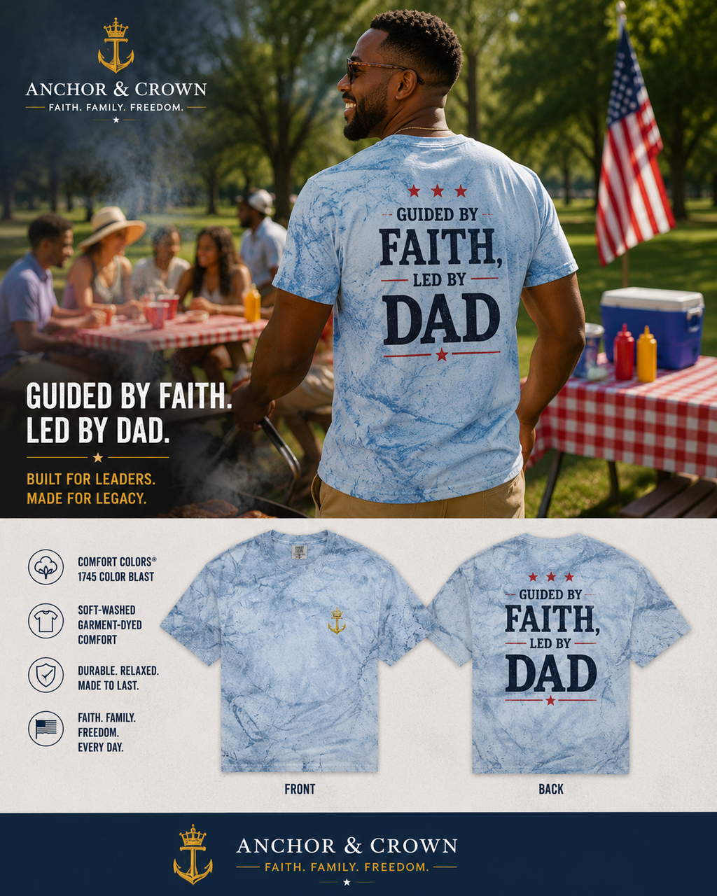 Guided by Faith, Led by Dad Color Blast Patriotic Dad T‑Shirt