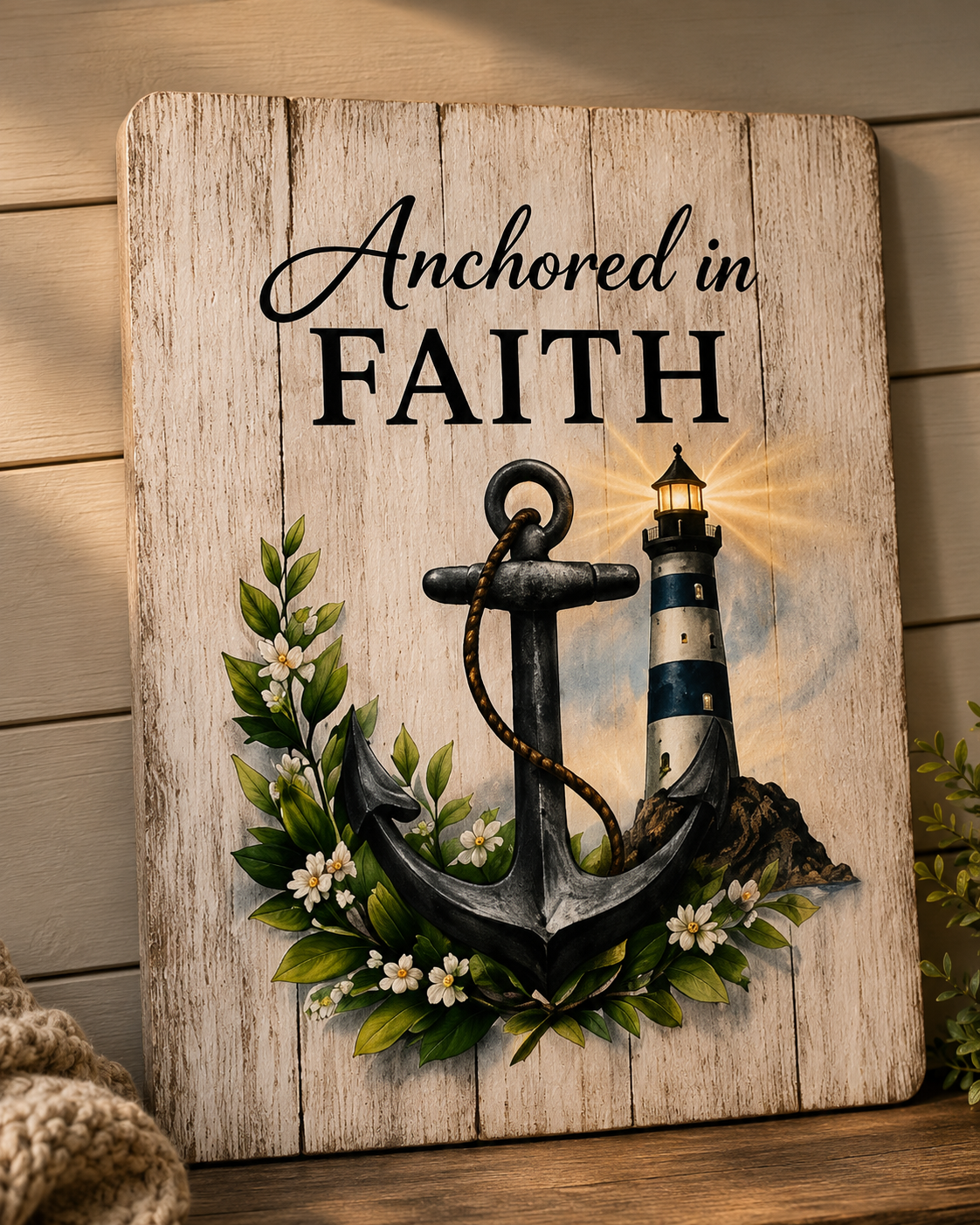 Anchored in Faith Metal Wall Art — Lighthouse Beacon Decor