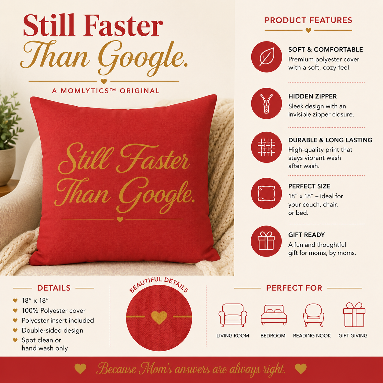 Still Faster Than Google™ Faux Suede Pillow | Mom Gift, Funny Home Decor, Reading Nook Accent