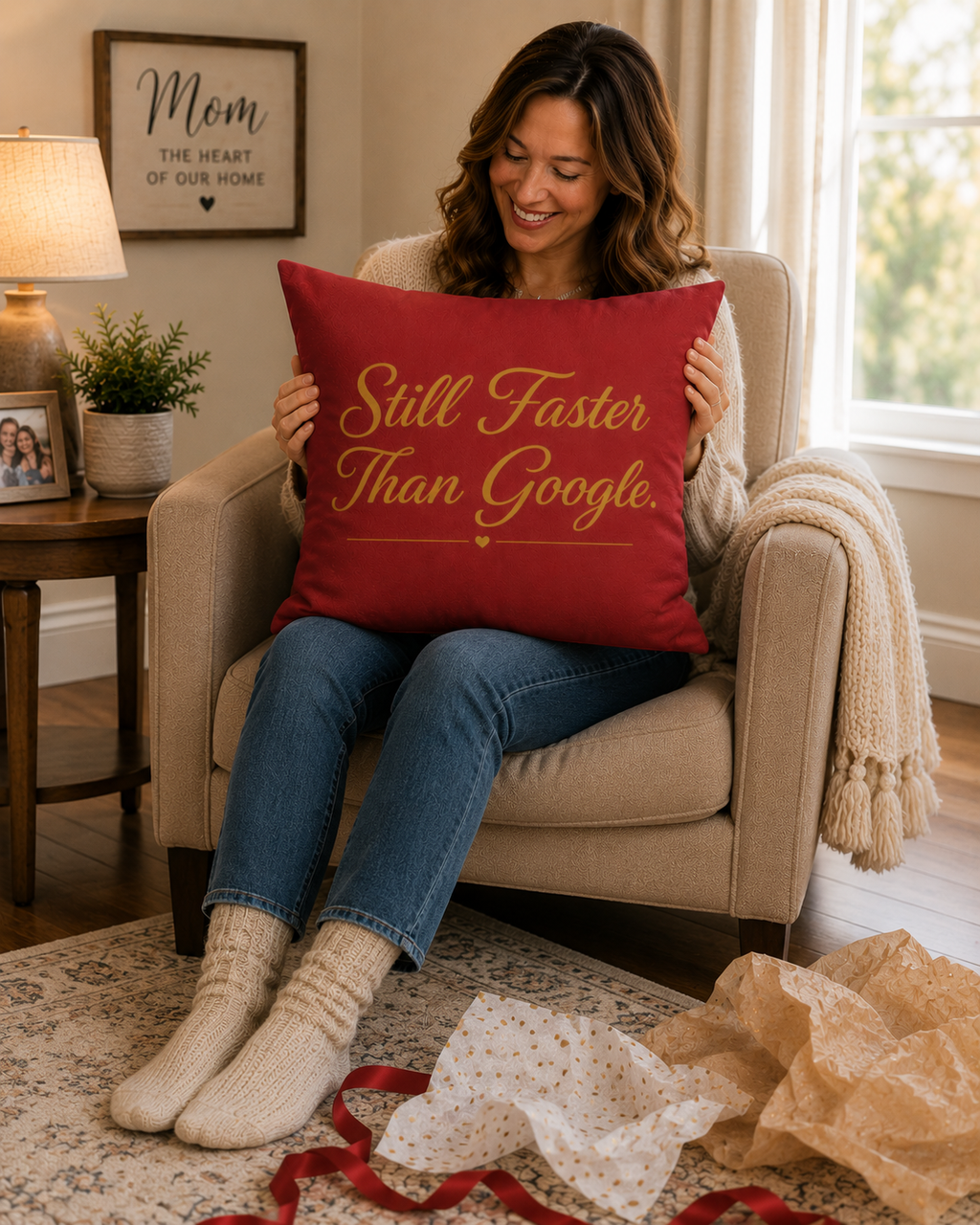 Still Faster Than Google™ Faux Suede Pillow | Mom Gift, Funny Home Decor, Reading Nook Accent