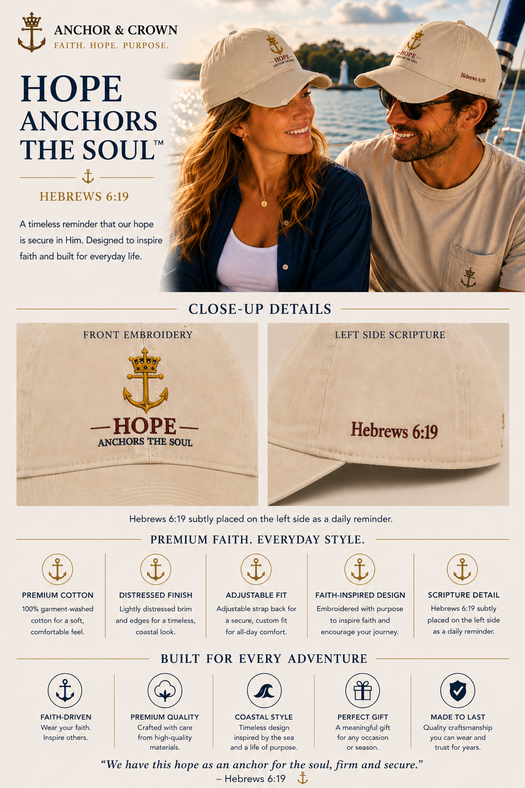 HOPE ANCHORS THE SOUL™ Distressed Embroidered Dad Hat | Hebrews 6:19 Faith-Inspired Coastal Cap
