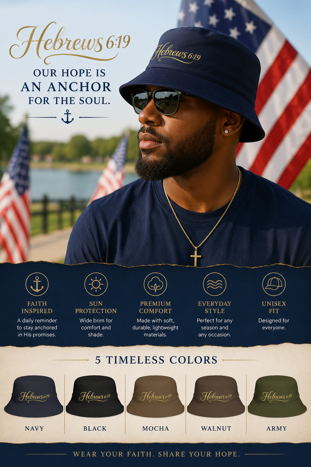 Hope Anchors the Soul™ Bucket Hat – Hebrews 6:19 Christian Cotton Bucket Hat