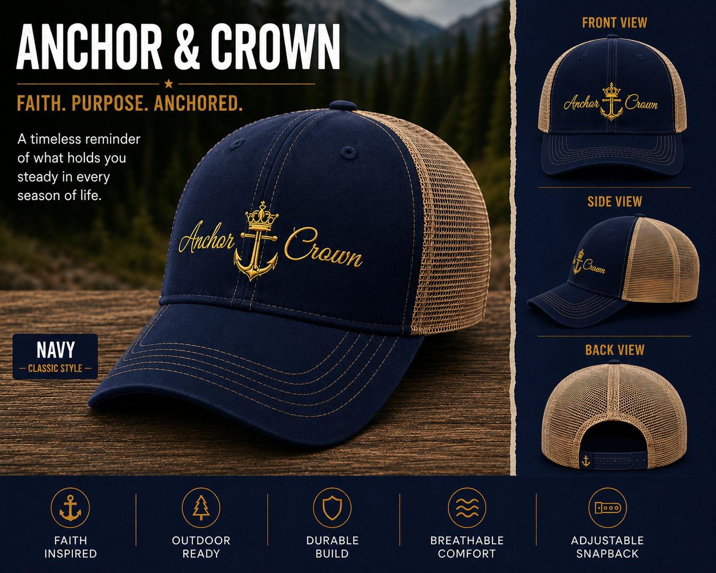 Anchor & Crown™ Trucker Hat | Faith-Inspired Snapback Cap