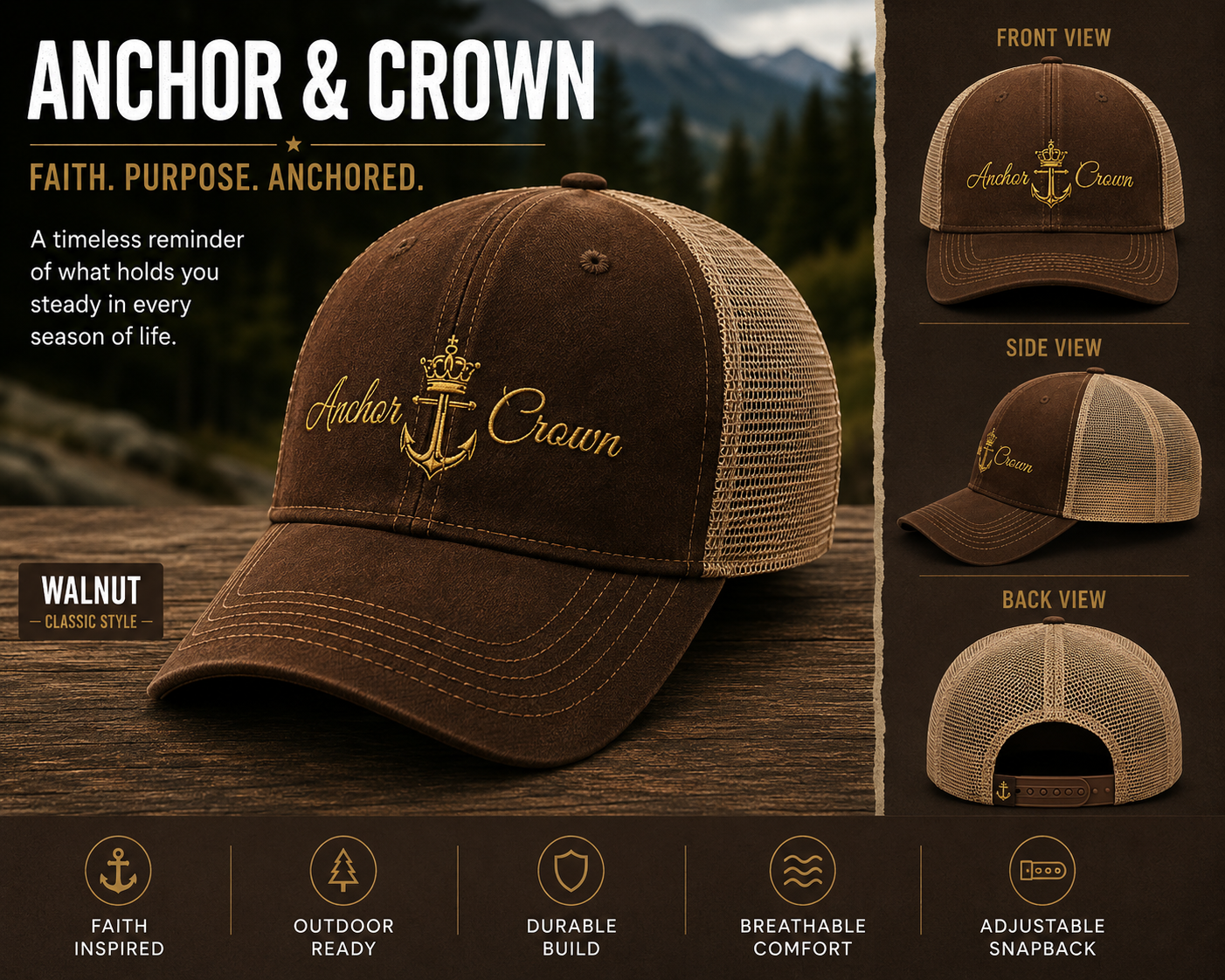 Anchor & Crown™ Trucker Hat | Faith-Inspired Snapback Cap