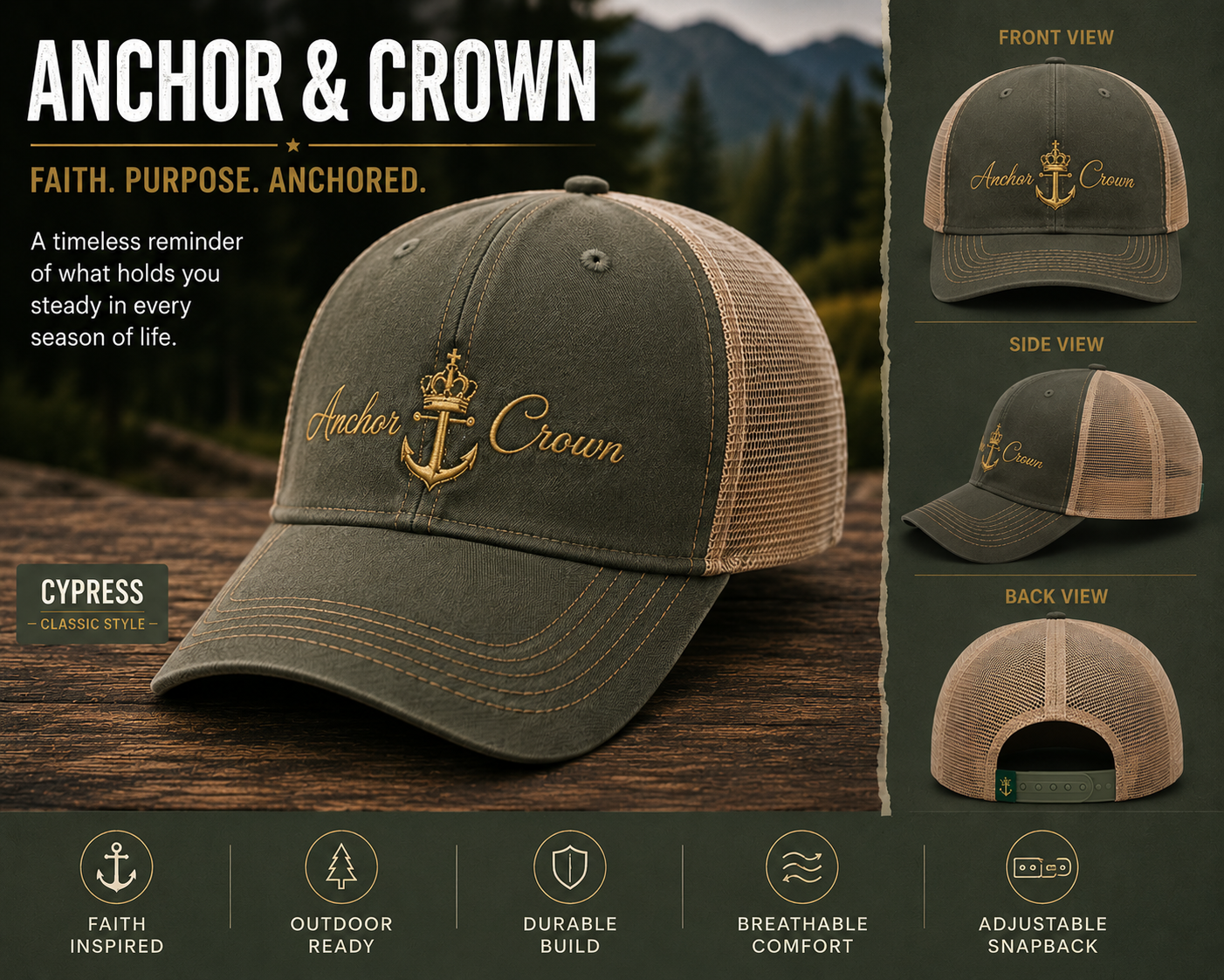Anchor & Crown™ Trucker Hat | Faith-Inspired Snapback Cap