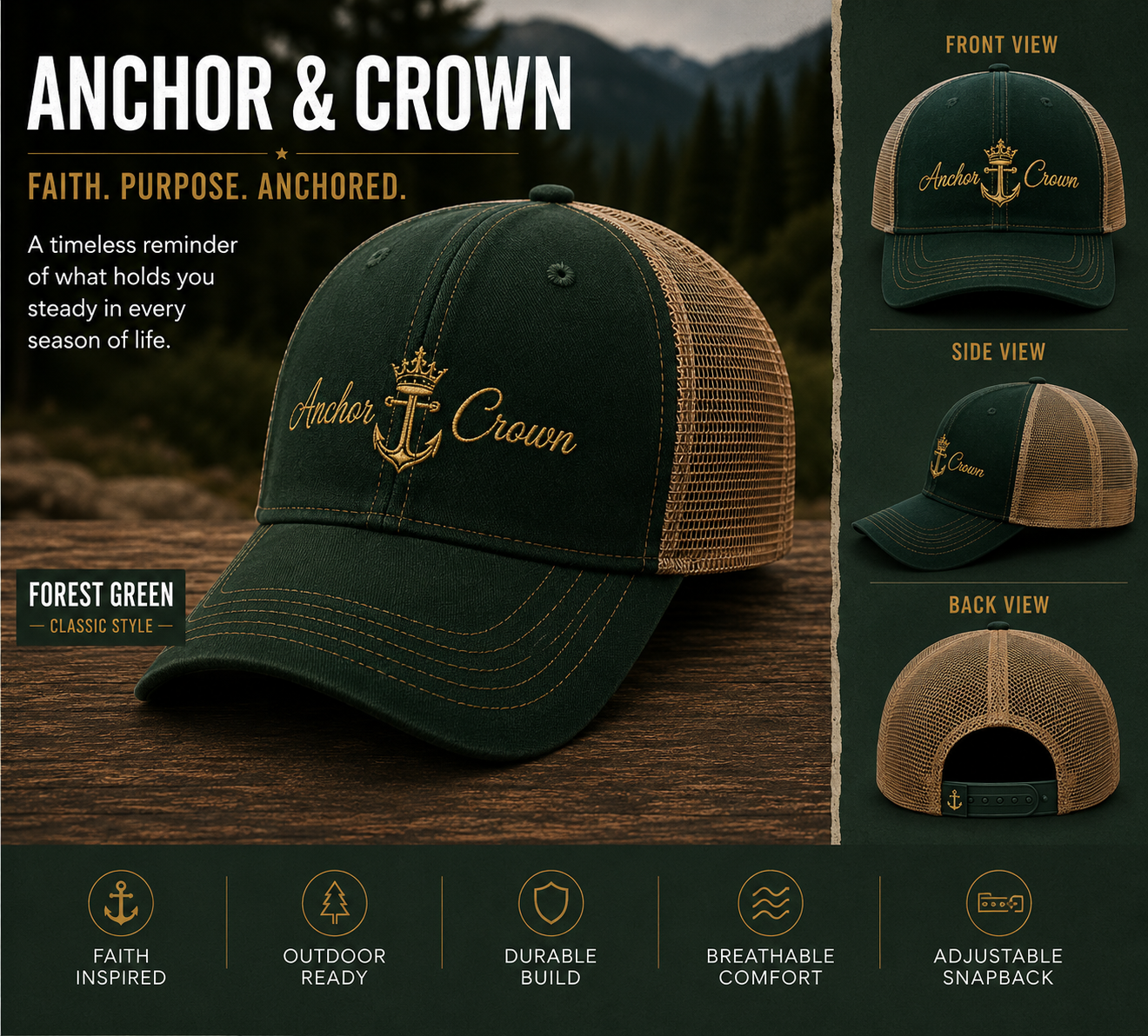 Anchor & Crown™ Trucker Hat | Faith-Inspired Snapback Cap