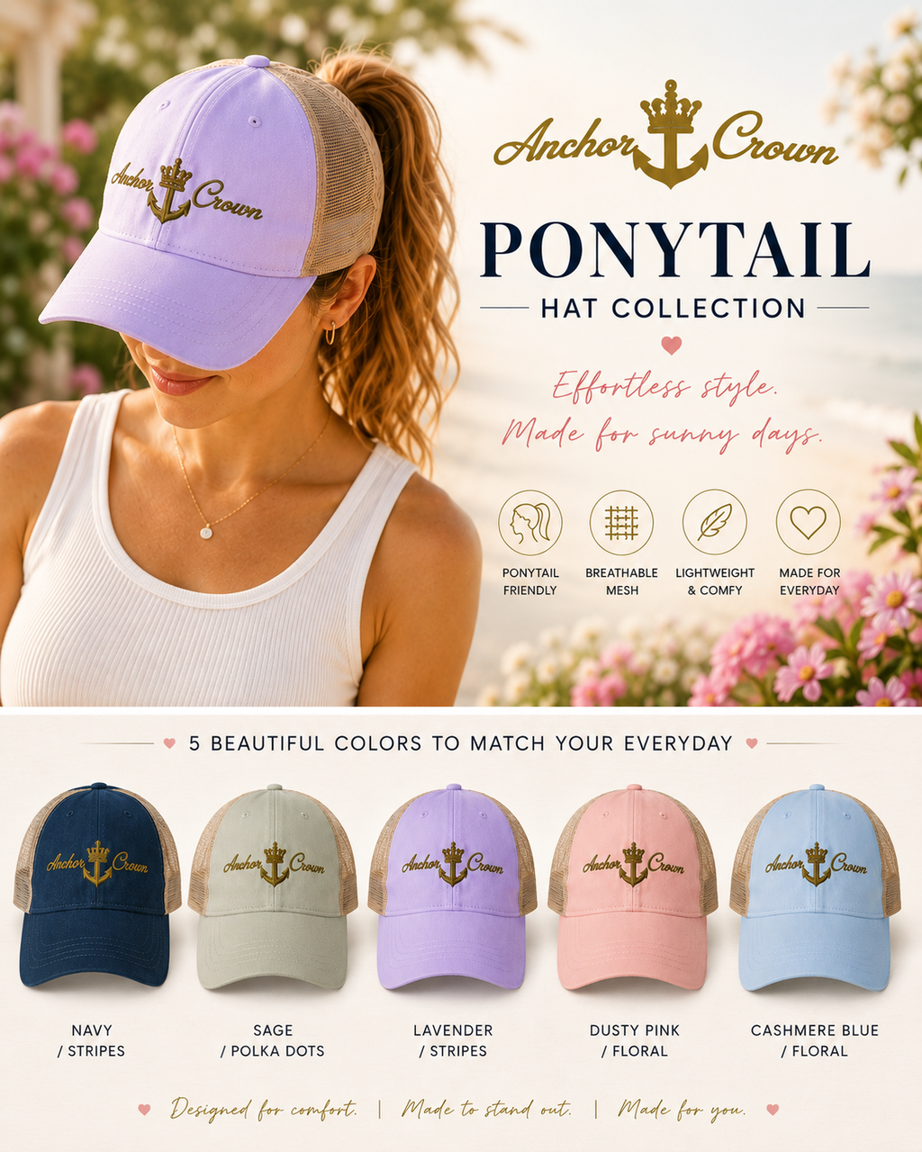 Anchor & Crown™ Women's Ponytail Hat | Faith-Inspired Mesh Back Cap