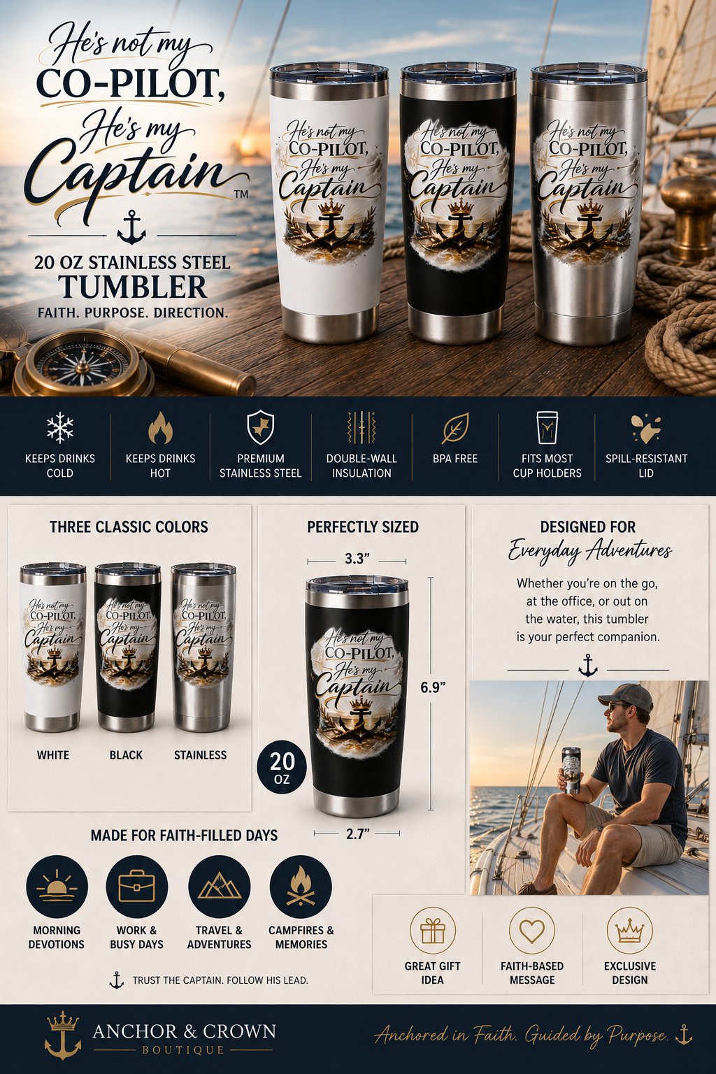 He’s Not My Co-Pilot, He’s My Captain™ 20 oz Stainless Steel Tumbler