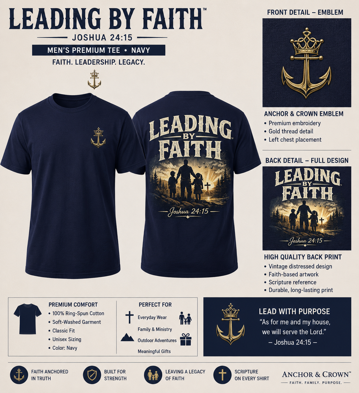 Leading by Faith™ | Christian Dad Shirt | Joshua 24:15 Faith-Based Family Tee