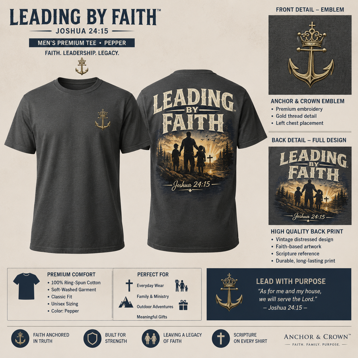Leading by Faith™ | Christian Dad Shirt | Joshua 24:15 Faith-Based Family Tee