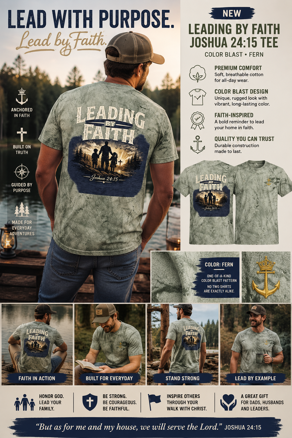 Leading By Faith™ Color Blast Christian T-Shirt | Joshua 24:15 Faith-Based Men's Tee