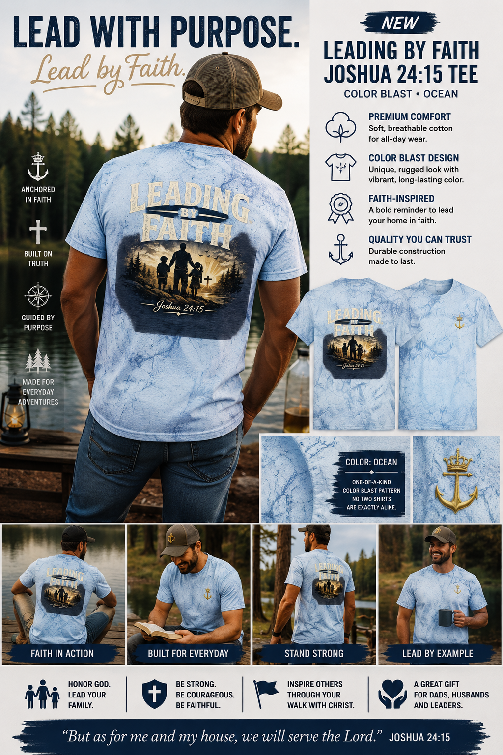 Leading By Faith™ Color Blast Christian T-Shirt | Joshua 24:15 Faith-Based Men's Tee