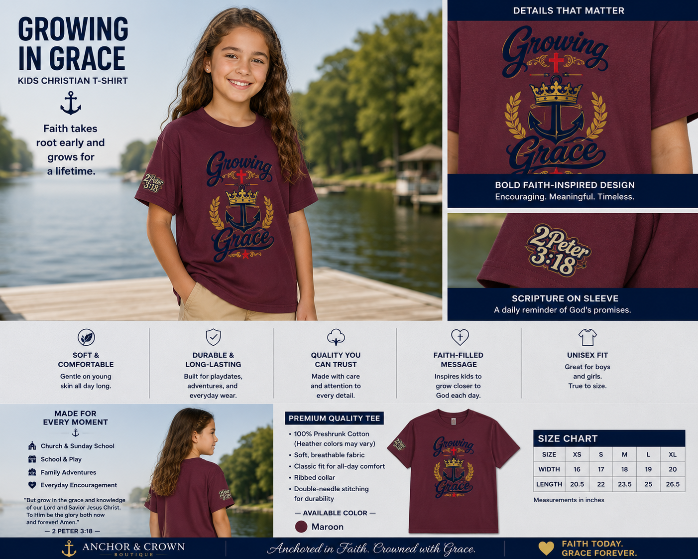 Growing in Grace™ Youth T-Shirt – Christian Kids Tee | 2 Peter 3:18 | Faith-Based Children's Shirt