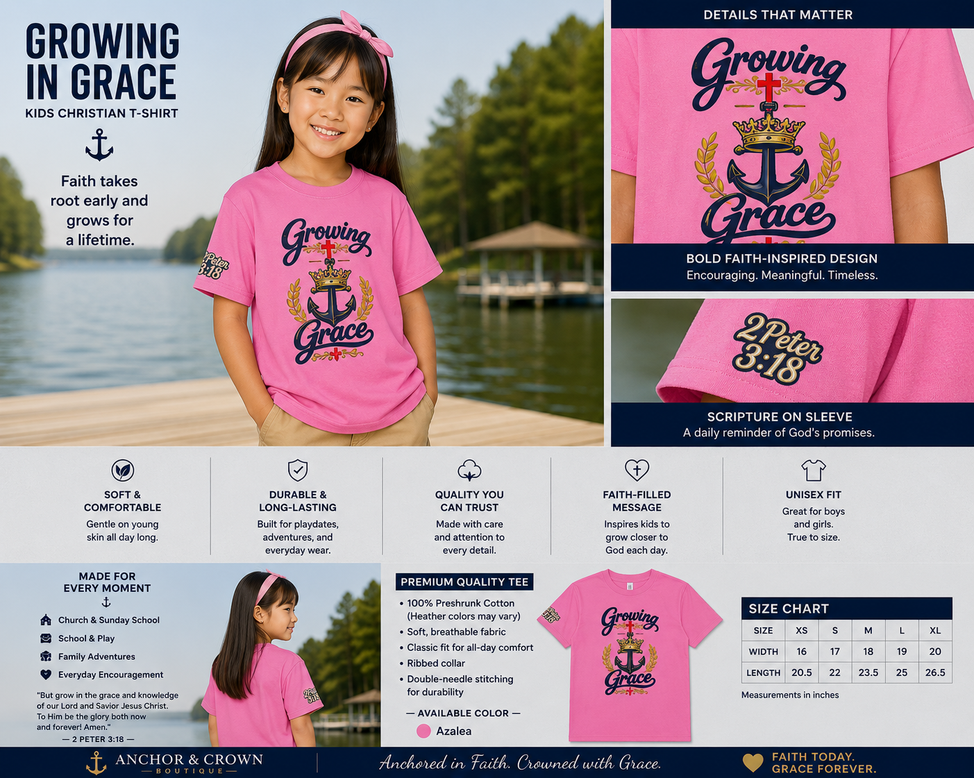 Growing in Grace™ Youth T-Shirt – Christian Kids Tee | 2 Peter 3:18 | Faith-Based Children's Shirt