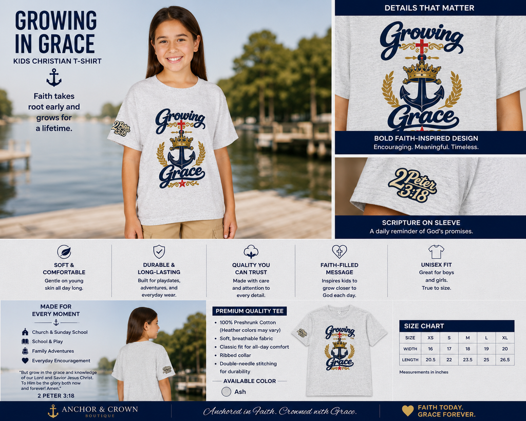 Growing in Grace™ Youth T-Shirt – Christian Kids Tee | 2 Peter 3:18 | Faith-Based Children's Shirt