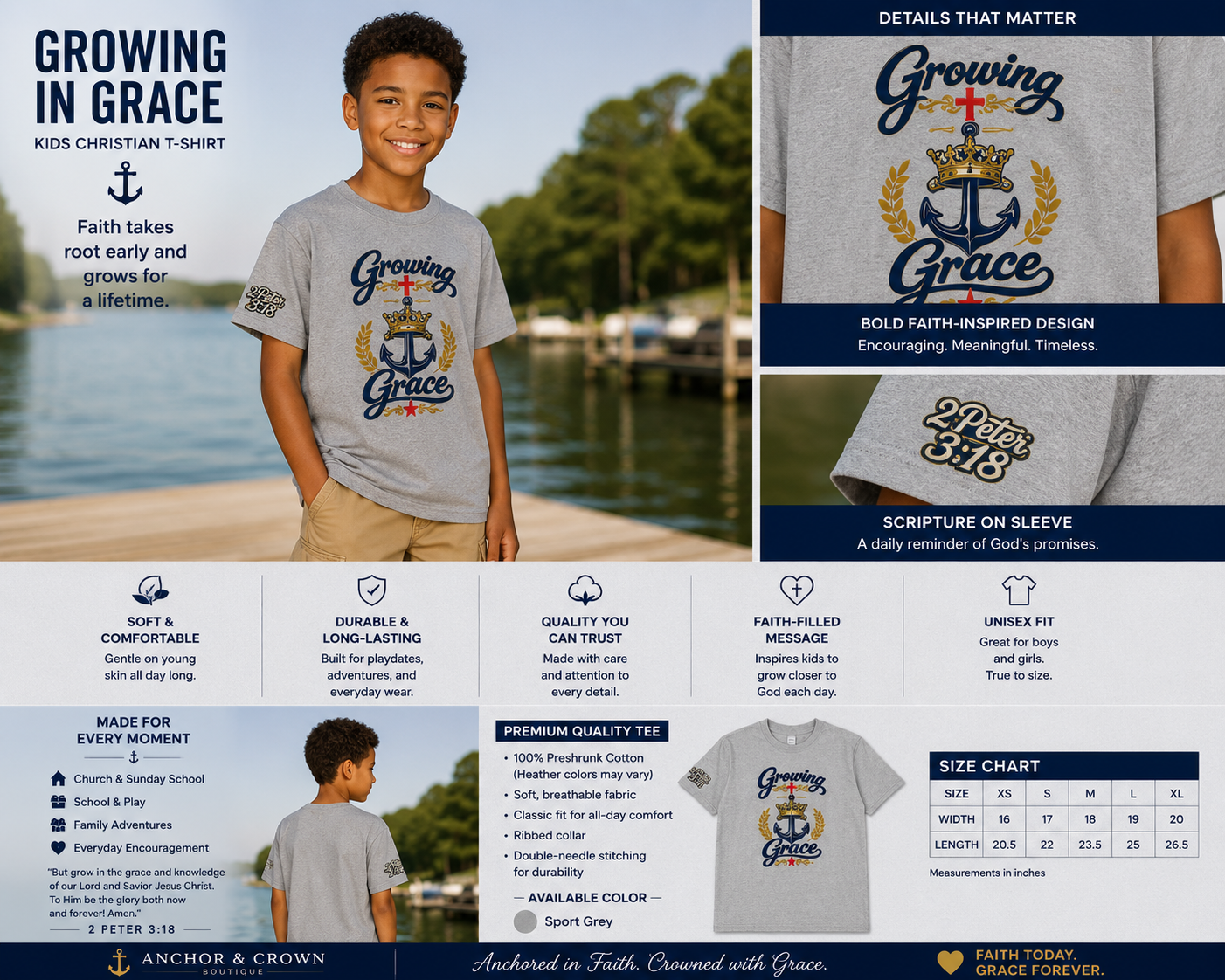 Growing in Grace™ Youth T-Shirt – Christian Kids Tee | 2 Peter 3:18 | Faith-Based Children's Shirt