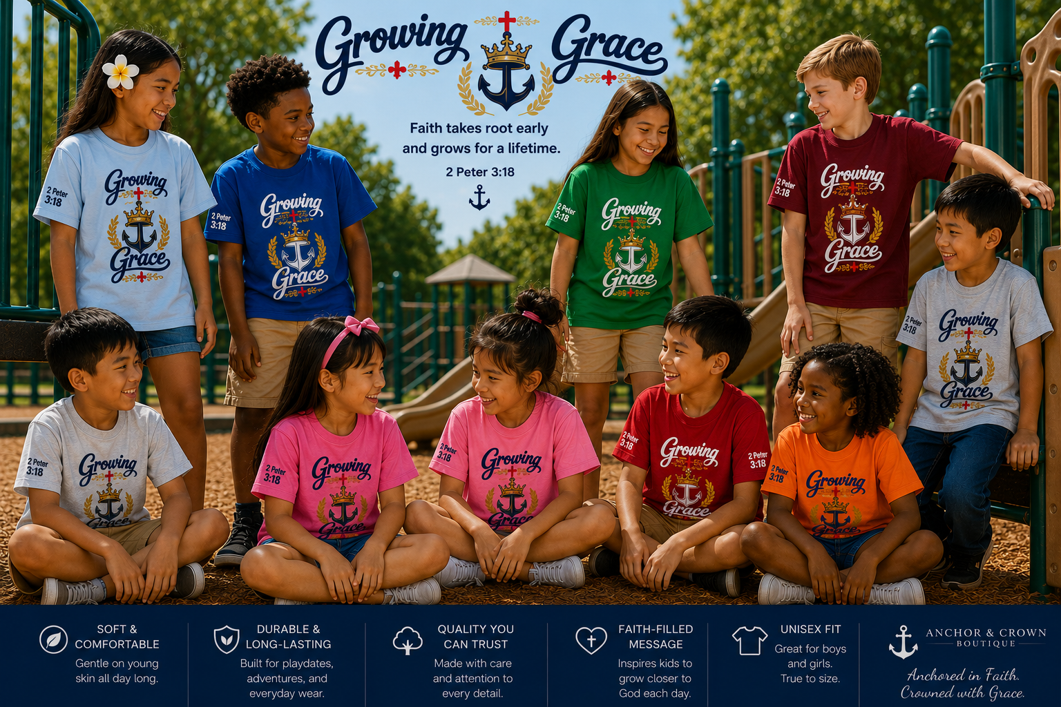 Growing in Grace™ Youth T-Shirt – Christian Kids Tee | 2 Peter 3:18 | Faith-Based Children's Shirt