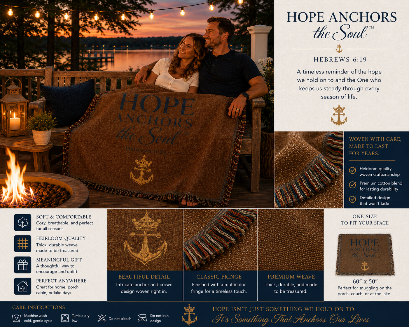 Hope Anchors the Soul™ Woven Blanket — Inspirational Christian Throw with Anchor Design