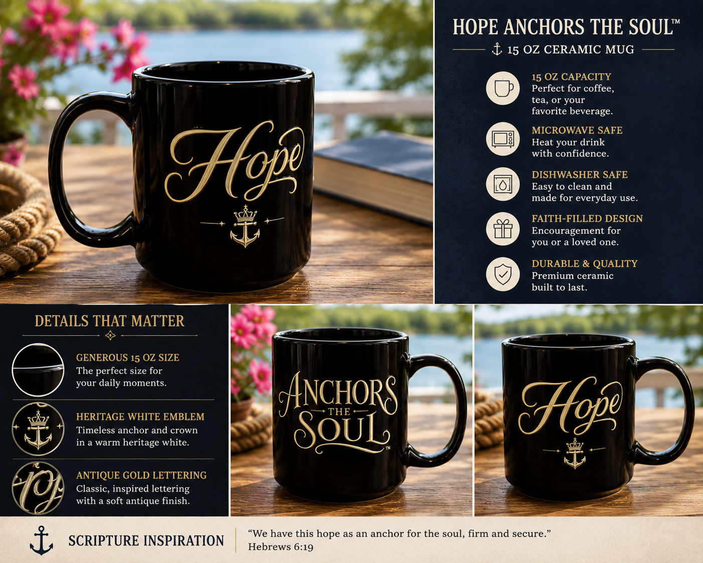 Hope Anchors the Soul™ 15 oz Ceramic Mug | Christian Coffee Mug | Hebrews 6:19 Faith Mug