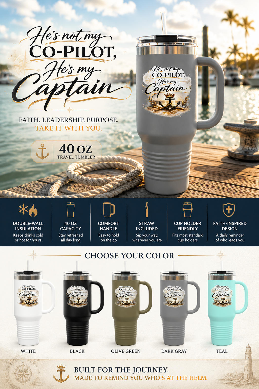 He's Not My Co-Pilot, He's My Captain™ 40 oz Insulated Travel Mug with Handle