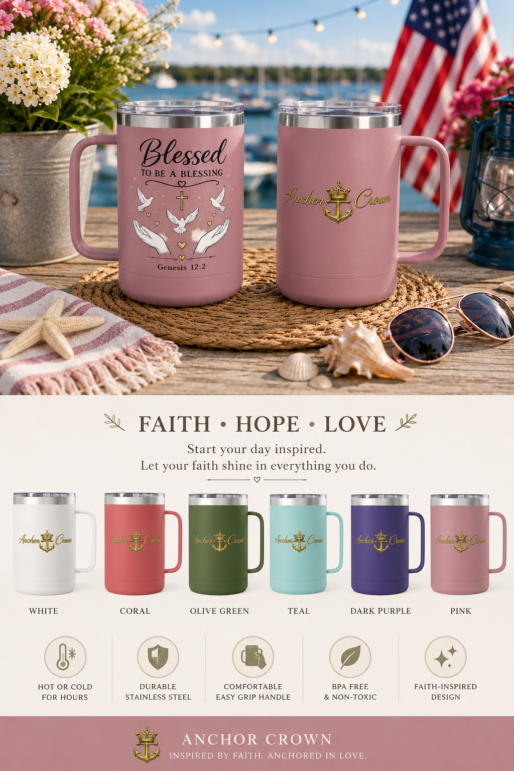 Blessed to Be a Blessing™ 15 oz Insulated Coffee Mug with Handle & Lid | Stainless Steel Travel Mug
