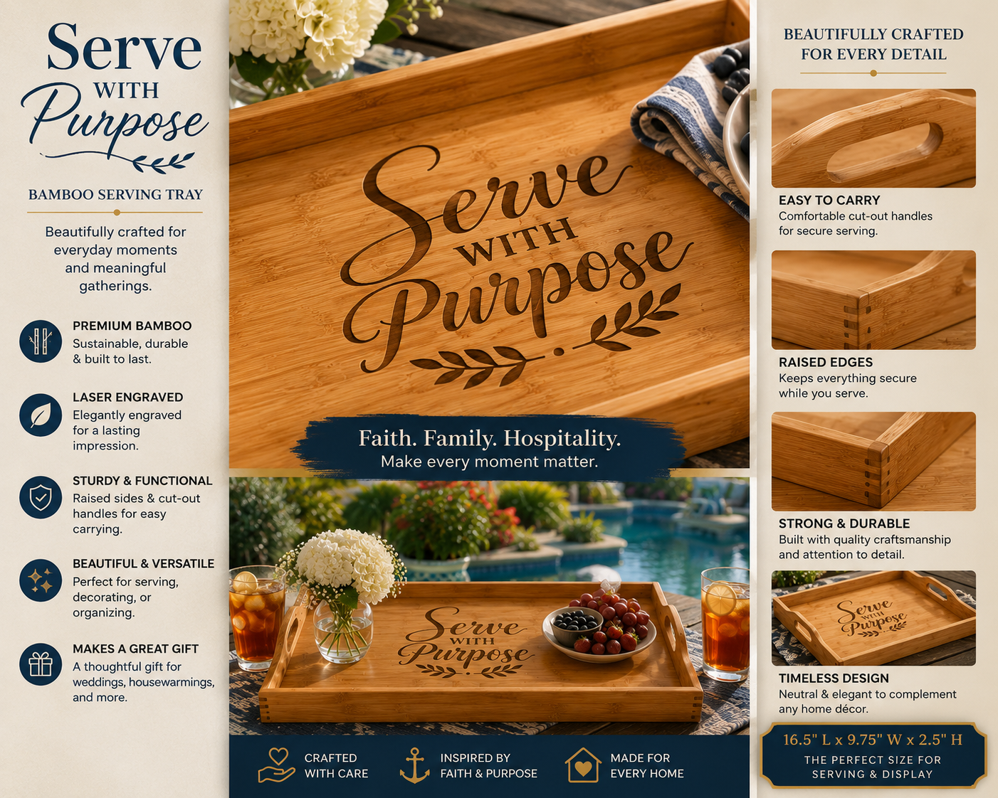 Serve With Purpose™ Bamboo Serving Tray | Faith-Inspired Bamboo Serving Tray for Kitchen & Home