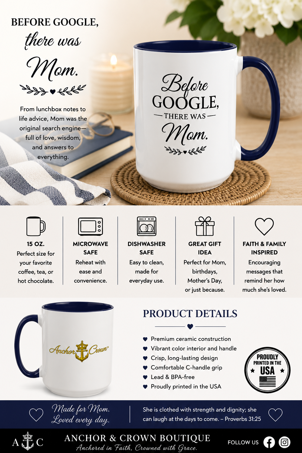 Before Google, There Was Mom™ Accent Coffee Mug | 15 oz Faith-Inspired Gift for Mom