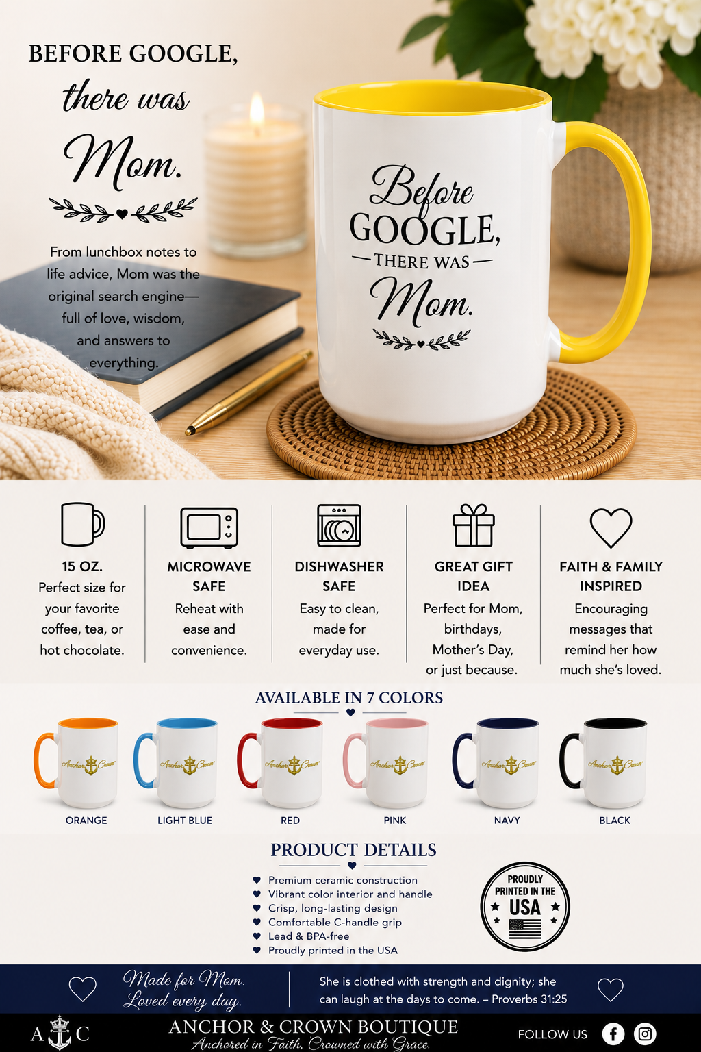 Before Google, There Was Mom™ Accent Coffee Mug | 15 oz Faith-Inspired Gift for Mom