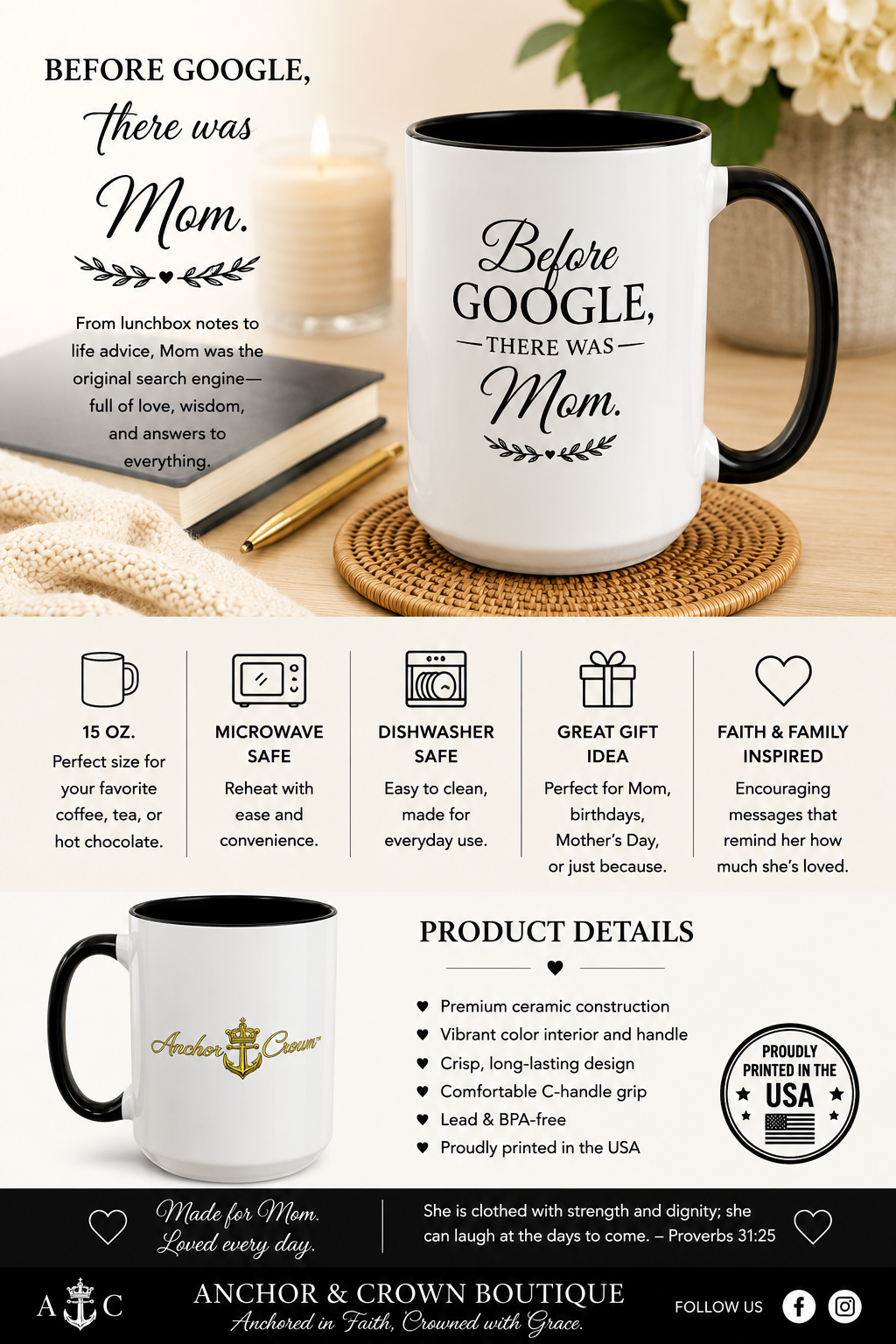 Before Google, There Was Mom™ Accent Coffee Mug | 15 oz Faith-Inspired Gift for Mom
