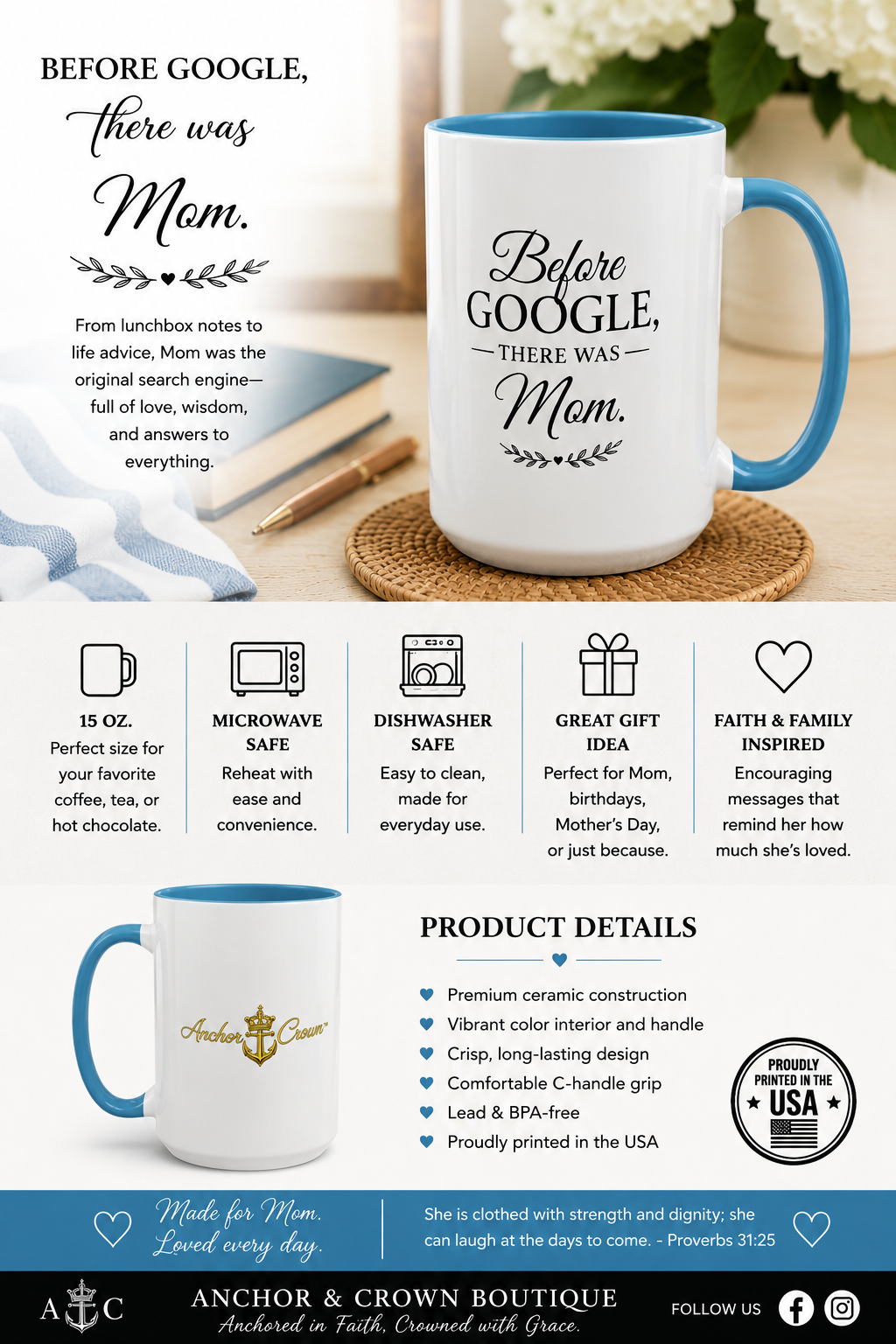 Before Google, There Was Mom™ Accent Coffee Mug | 15 oz Faith-Inspired Gift for Mom
