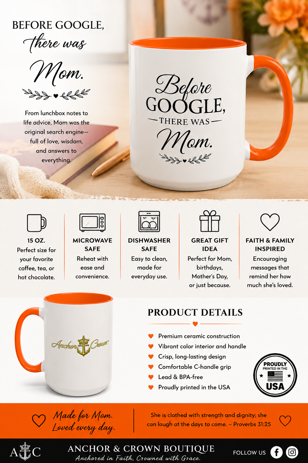 Before Google, There Was Mom™ Accent Coffee Mug | 15 oz Faith-Inspired Gift for Mom