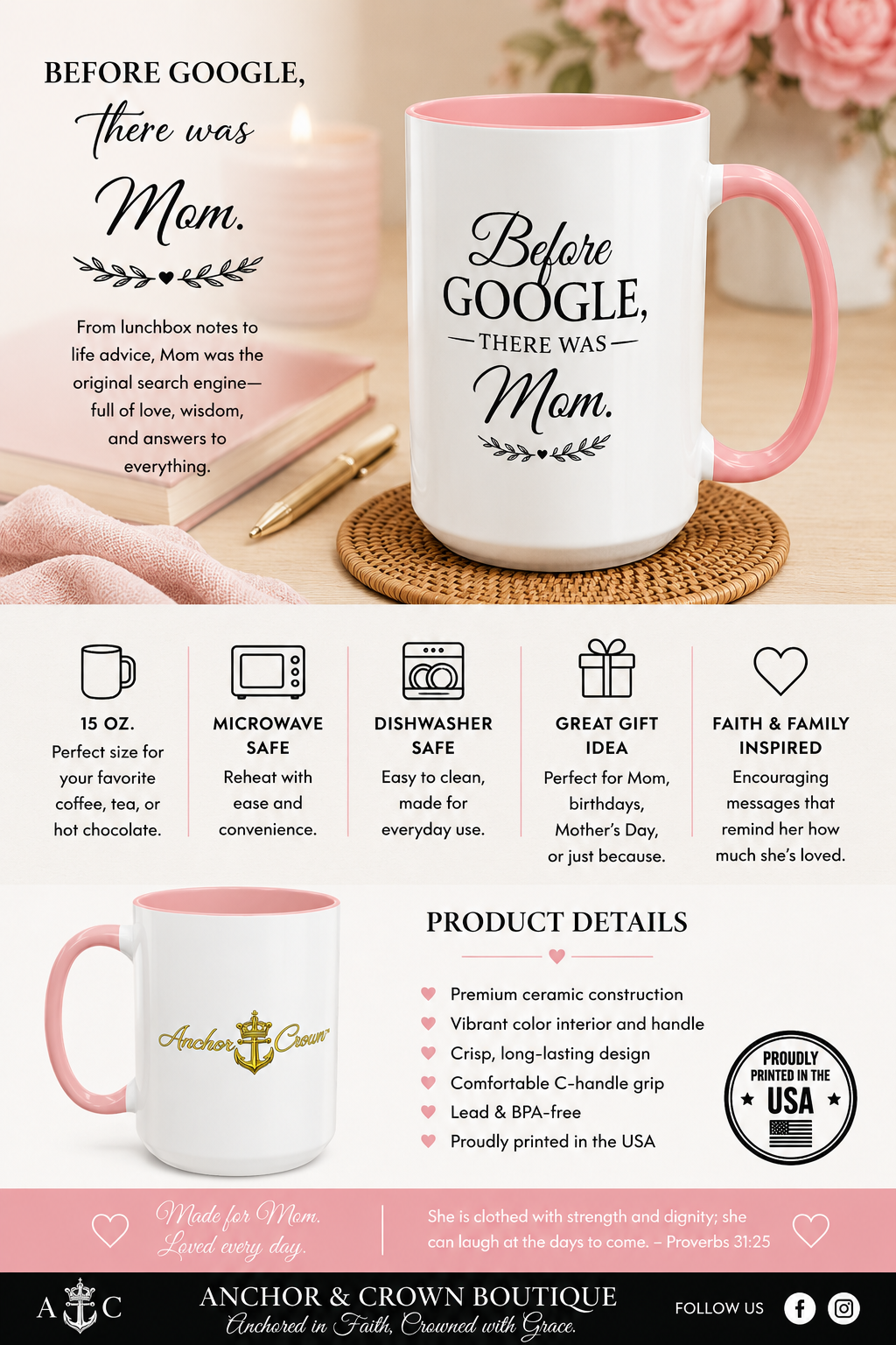Before Google, There Was Mom™ Accent Coffee Mug | 15 oz Faith-Inspired Gift for Mom