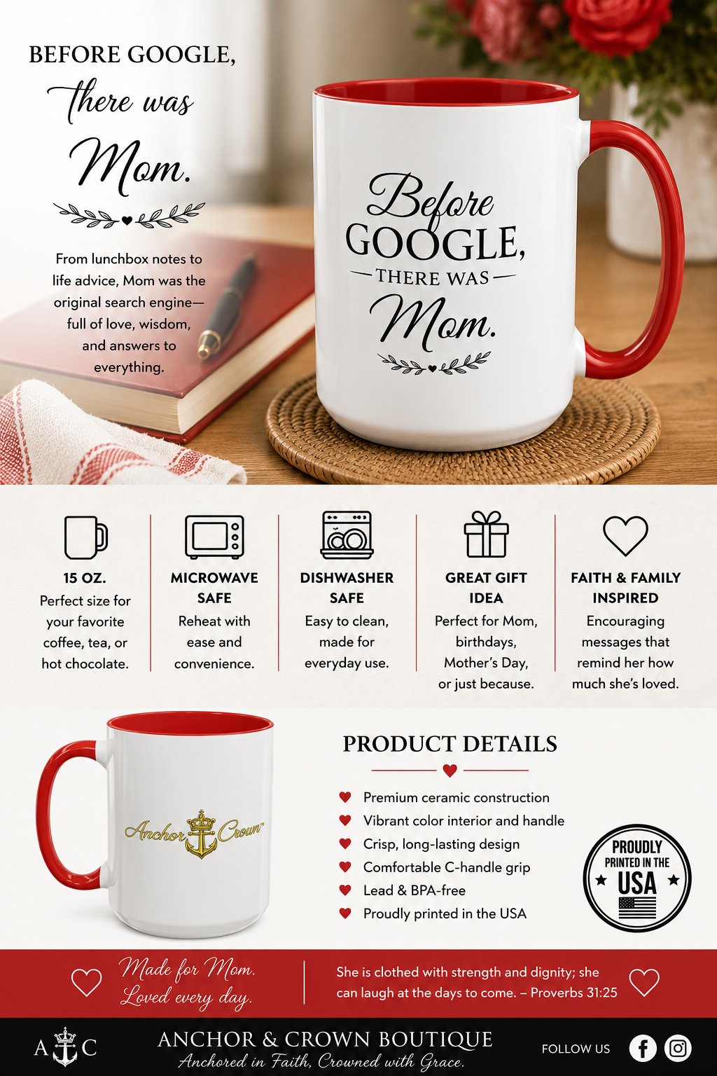 Before Google, There Was Mom™ Accent Coffee Mug | 15 oz Faith-Inspired Gift for Mom