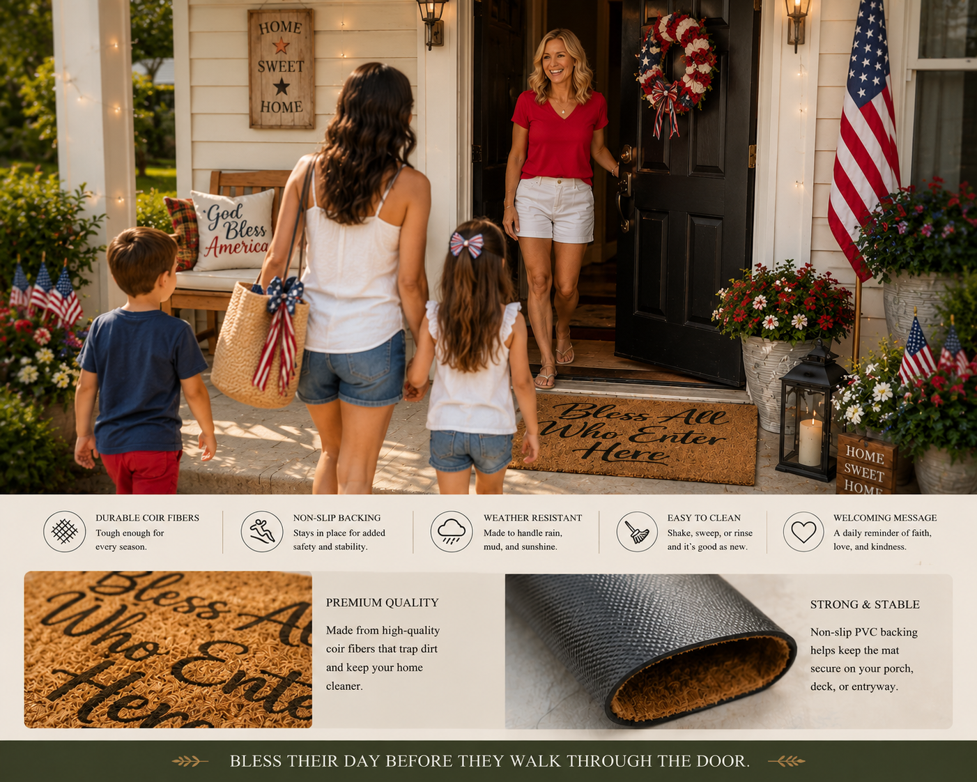 Bless All Who Enter Here Doormat | Faith-Inspired Coir Welcome Mat | 24" × 16"