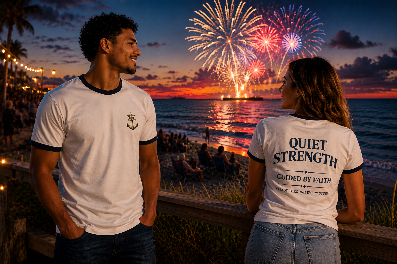 Quiet Strength™ Ringer T-Shirt | Guided by Faith, Steady Through Every Storm | Faith-Based Anchor Tee