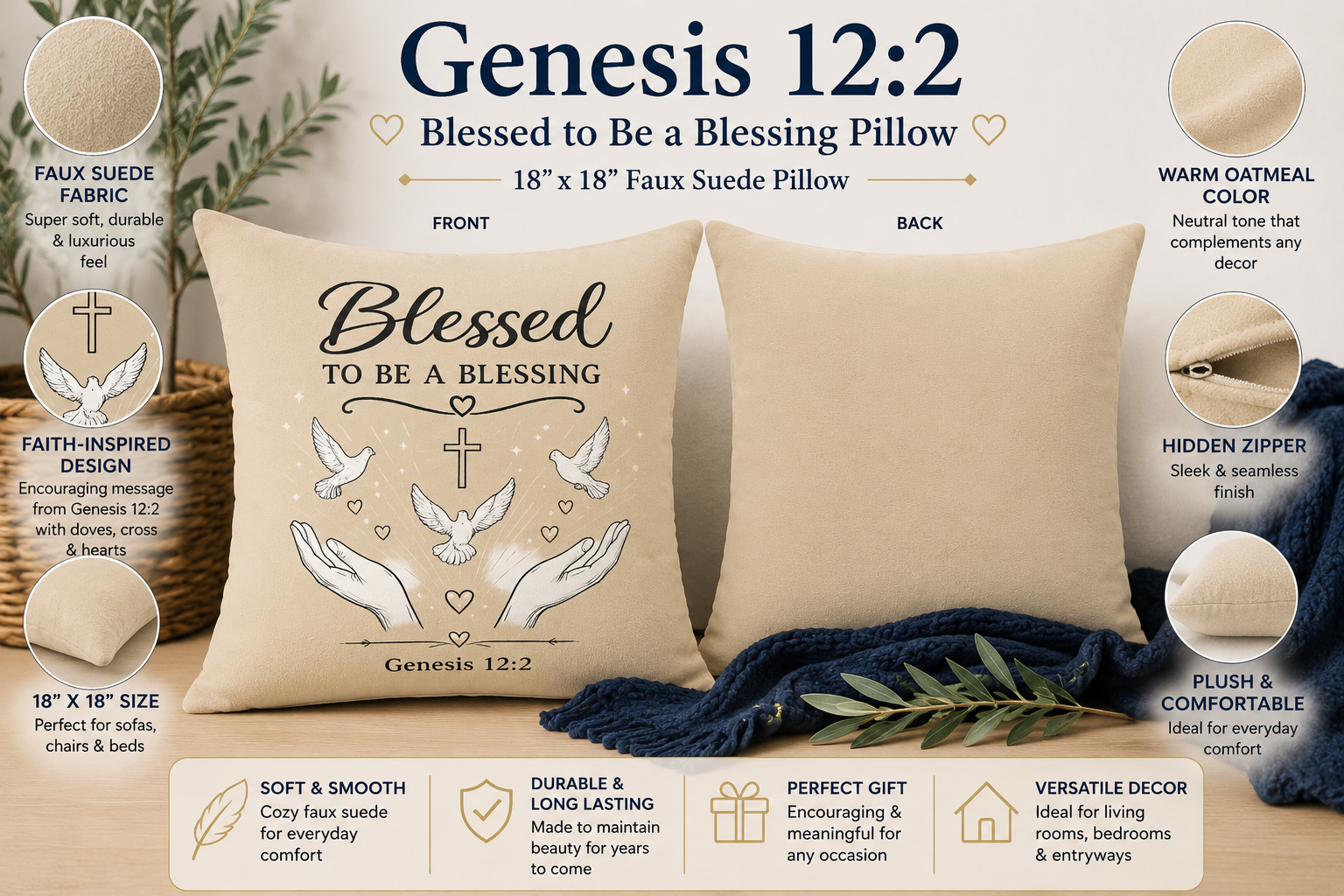 Blessed to Be a Blessing™ Faux Suede Throw Pillow | Genesis 12:2 Christian Decorative Pillow | Faith Home Décor | Inspirational Gift