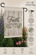 Faith Lives Here Garden Flag | Rustic Farmhouse Christian Yard Decor